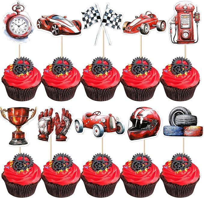 40 Pack Racing Car Cupcake Toppers Fighting Flag Cupcake Picks Race Helmet Gloves Cupcake Decorations for Racing Sport Theme Baby Shower Boys and Girls Birthday Party Supplies