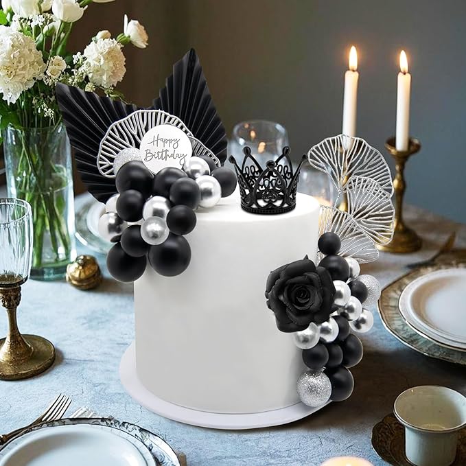 Knana 25Pcs Silver Black Balls Cake Topper Birthday Cake Topper Palm Leaves Cake Decorations for Silver Black Theme Baby Shower Birthday Party Supplies