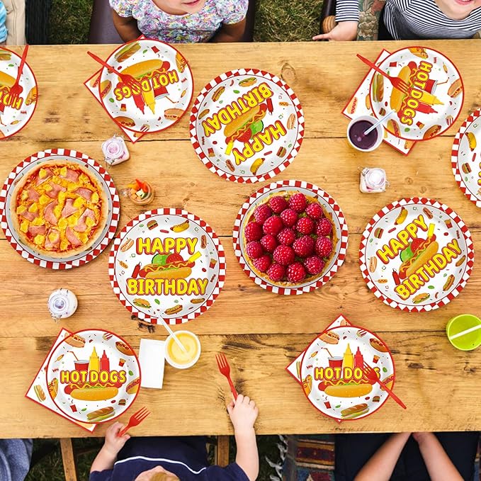 Grencian 96Pcs Hot Dog Birthday Party Supplies Fast Food Party Plates and Napkins Disposable Hotdog Birthday Decorations Tableware Set for Adults Kids Picnic Baby Shower Sausage BBQ Serves 24