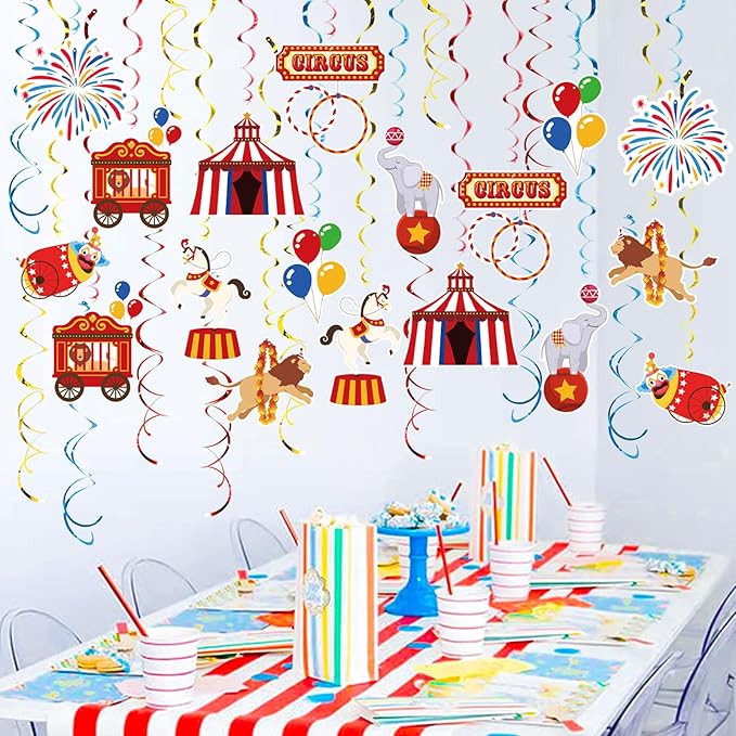 Carnival Hanging Swirl Set Party Decorations, 48 Pcs, Circus Joker Balloon Party Supplies Sign,Red Blue Yellow