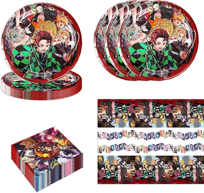 41Pcs Demon Slayers Party Supplies include 20 plates, 20 napkins for De Slayers 1 Tablecloth Birthday party Decoration