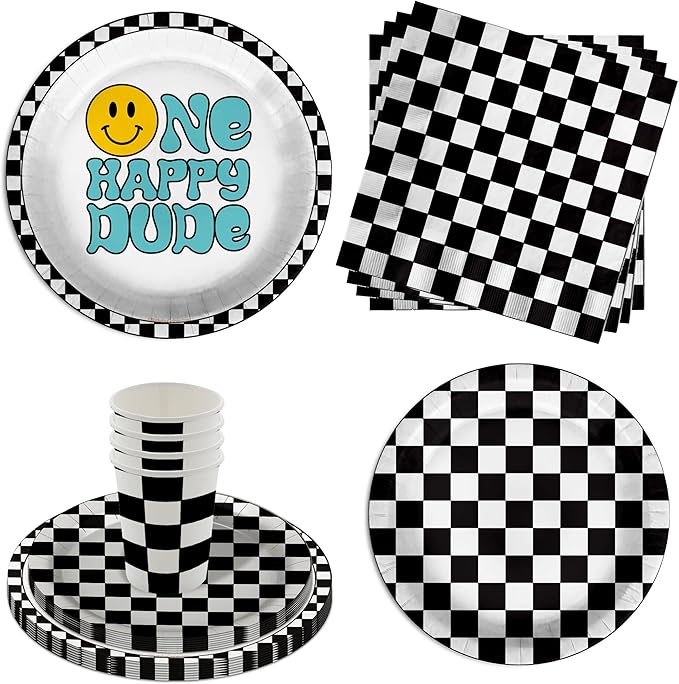One Happy Dude Smiley Face 1st Birthday Party Supplies - 64 Piece Boys First Birthday Tableware Set Includes Large 9" Dinner Plates and 8" Dessert Paper Plates Napkins Cups - Kit for 16