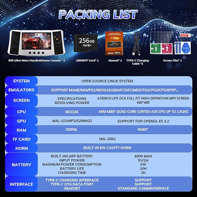 RegiisJoy R50 Ultra 50000 in 1 Handheld Game Console, 4.5 Inch IPS Screen Retro Gaming Consoles Main Emulators, Portable Mini Pocket Arcade 4000mAh Battery,256G TF Card,Linux System
