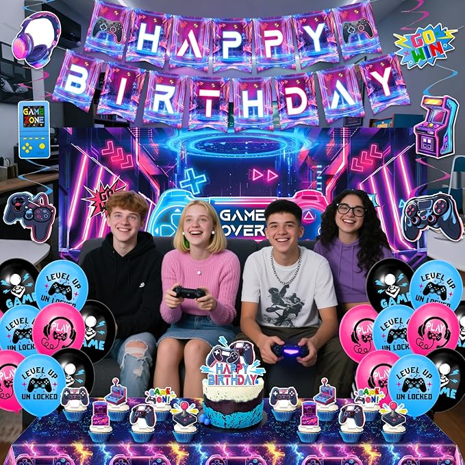 45Pcs Gamer Birthday Party Decorations - Gaming Party Supplies with Backdrop, Banner, Tablecloth, Balloons, Swirls & Cake Toppers for Video Game Theme, Colorful