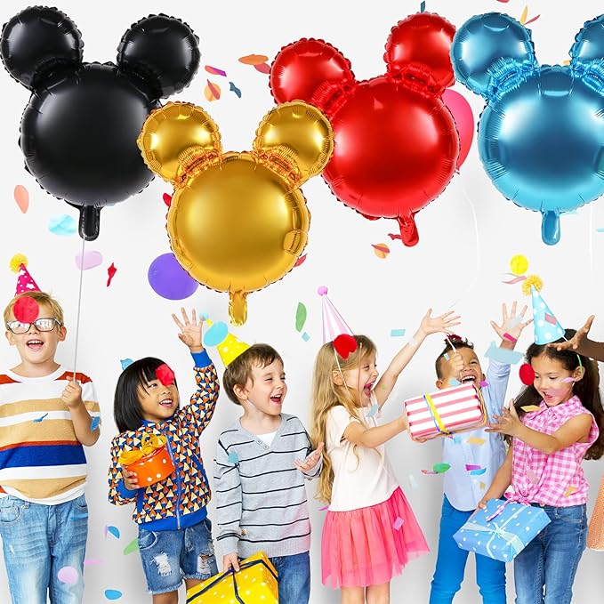 4 Pcs Bear Head Foil Balloons, 24'' Bear Mylar Balloon for Birthday Party Decorations Jumbo Aluminum Foil Balloons Party Favors Supplies (Black Red Blue Gold)