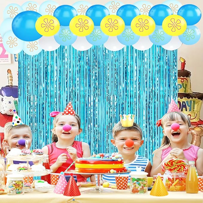 22Pcs Cartoon Baby Birthday Decorations, Aquamarine 3.3x8.2ft Tinsel Foil Fringe Curtains Banner and Cute Flowers Bubbles Balloons for Cute Theme Party Decorations Boys and Girls Party Supplies