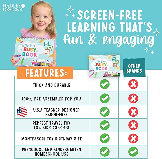 Hadley Designs My First Busy Book Toddlers 3-5, Montessori Preschool Learning Activities Age 4-5, 174 Pcs Velcro Busy Book, Travel Toys Airplane Car Quiet Time, Sensory Toys, Easter Gifts for Kids