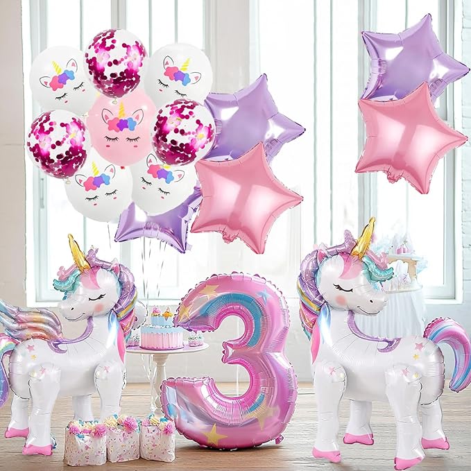 16 Pcs Unicorn Balloons Kit for Birthday Party Decorations - 2 Self Standing 3D Foil Unicorns, 4 Stars & 10 Printed Latex with Tying Tool (No Helium Needed)