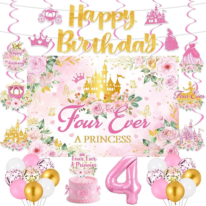 Four Ever a Princess Birthday Decorations Pink Sweet 4th Birthday Party Supplies Include 4 Ever a Princess Backdrop Banner Hanging Swirls Balloons Cake Topper for 4 Years Old Girl Bday Party Decor