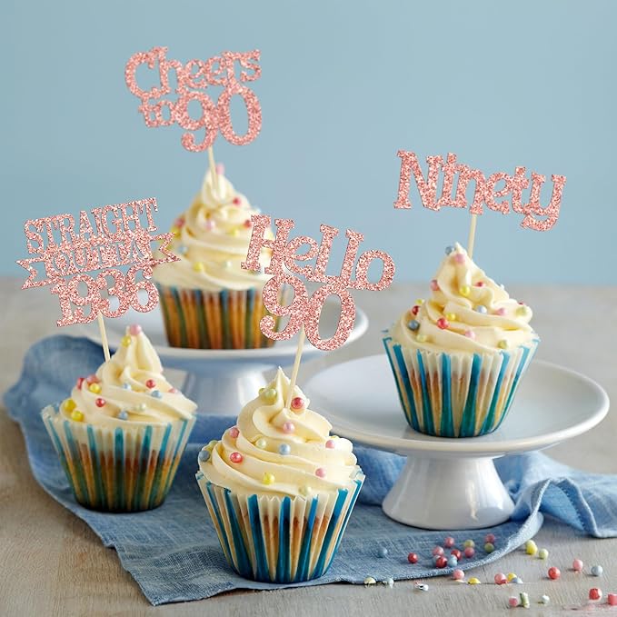 Ephlyn 24Pcs Happy 90th Birthday Cupcake Toppers Glitter Straight Outta 1936 Cupcake Picks Hello 90 Cheers to 90 Years Birthday Cake Decorations for 90th Birthday Anniversary Party Supplies Rose Gold