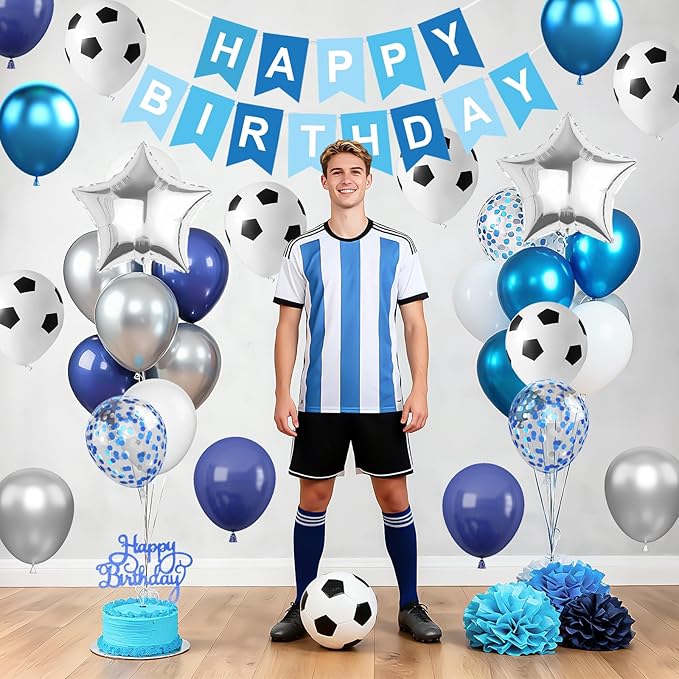 Soccer Birthday Party Decorations for Boys, Soccer Party Decorations with Blue White Balloons Happy Birthday Banner Cake Toppers 18in Foil Balloon for Boys Men Sport Theme Party Decor