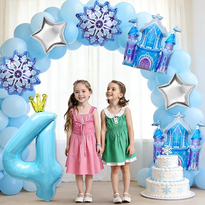 7Pcs 4th Birthday Party Decorations Balloons,Winter Snowflake Balloons Large Blue 40 Inch Number 4 Balloon Foil Star Castle Ballon for Birthday Party Favor Decor Supplies Winter Wonderland Decoration
