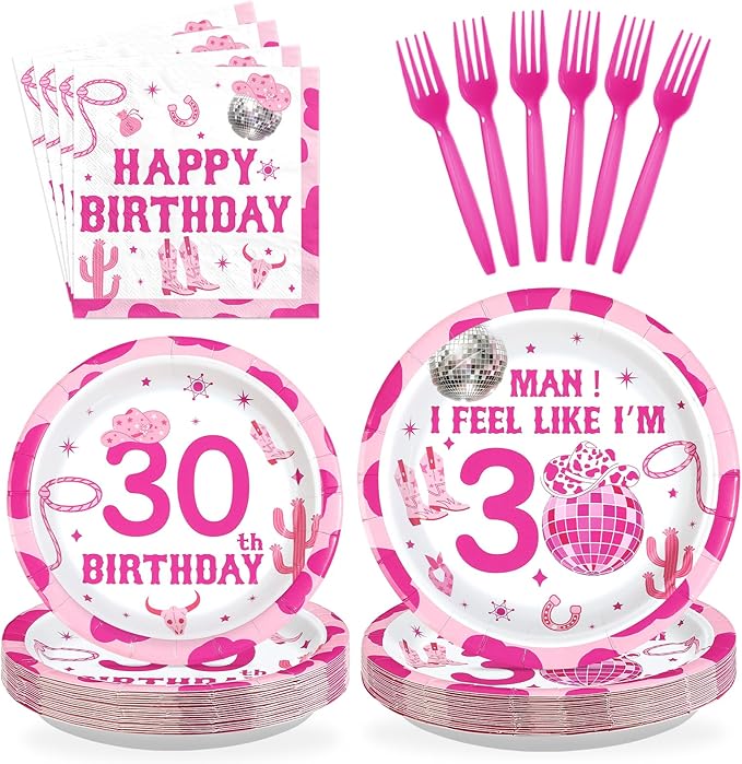 96Pcs Western 30th Birthday Decorations Man I Feel Like I'm 30 Plates and Napkins Disco Cowgirl Birthday Decoration for Women Thirty Years Old Nashville Western Wild West Theme Party Supplies Serve 24