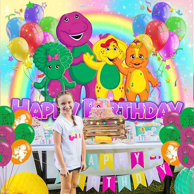 𝓑𝓪𝓻𝓷𝓮𝔂 Birthday Party Decoration, Photo Background 5 x 3 FT, 18 Pcs Balloons, 𝓑𝓪𝓻𝓷𝓮𝔂 Merch Party Backdrop Supplies