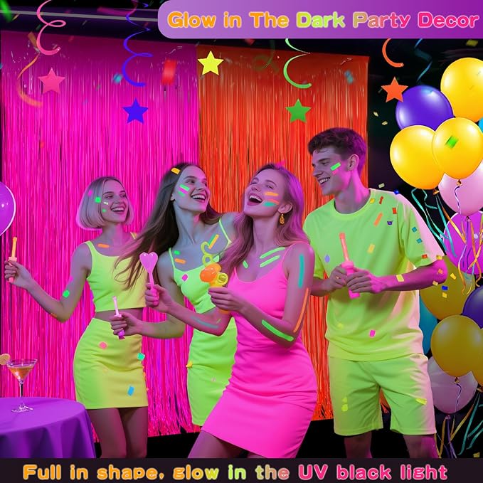 Glow in The Dark Party Supplies 2 Pack Neon Party Decorations Fluorescent Tinsel Foil Fringe Curtains Photo Booth Prop Backdrop Streamer Blacklight Decorations (Neon Hot Pink+Neon Orange)