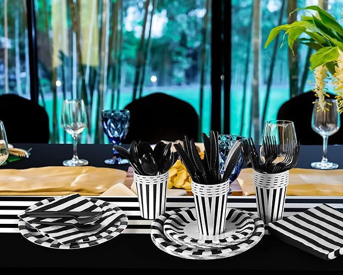 154 Pcs Black and White Party Supplies Black and White Disposable Dinnerware Set Tablecloth Stripe Table Cover Plates Cups Napkins, Knives Forks Spoons Birthday Wedding Decoration