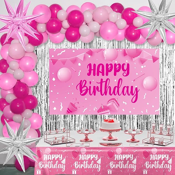 Hot Pink Birthday Decorations for Women Girls, 85pcs Happy Birthday Decor Silver Party Decoration Foil Star Balloons Curtains Banner Tablecloth Light Pink Party Supplies 13th 16th 18th 21st