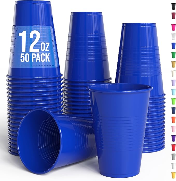 Party Solids 12 Oz Blue Plastic Cups For Party Supplies 50 Pack | Blue Disposable Cups Plastic | Disposable Drinkware For Parties, Events & Everyday