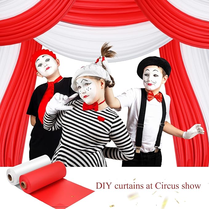 Moukeren 40'' x 100' Circus Tablecloth Roll Plastic Tablecloth Disposable DIY Carnival Tent Party Supplies for Big Top Tent Backdrop Curtains Ceiling Wall Drapes(White, Red,6 Roll)