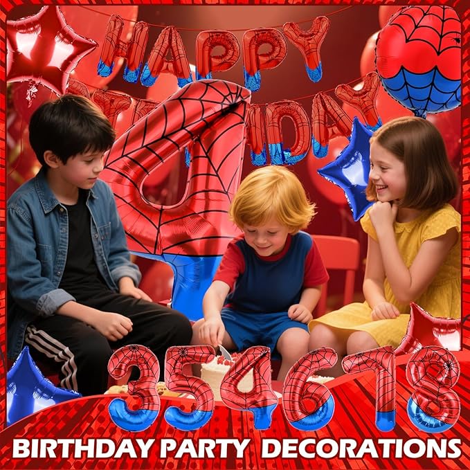 Spider Themed Happy Birthday Banner Party Decorations Set Including 40 Inch Number 4 Foil Balloons, Themed Party Essentials, Colorful Superhero Backdrop Supplies for Boys Indoor Outdoor Celebration
