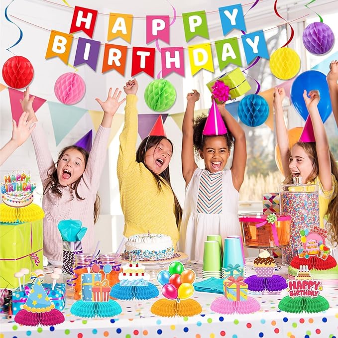 Birthday Decorations Kit, Happy Birthday Party Banner, Happy Birthday Backdrop, Honeycomb Balls, Metallic Hanging Swirls, Colorful Rainbow Party Decorations, Centerpieces for Tables(Colorful Birthday)