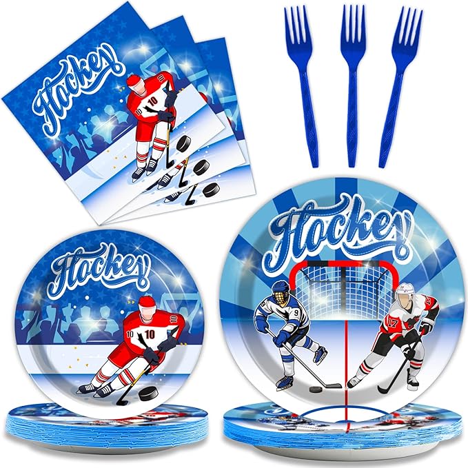 Wiooffen 96pcs Hockey Party Supplies Ice Hockey Birthday Party Plates Napkins Set Disposable Tableware Kit Birthday Party Sport Events Decorations Favors for Kids, Serve 24