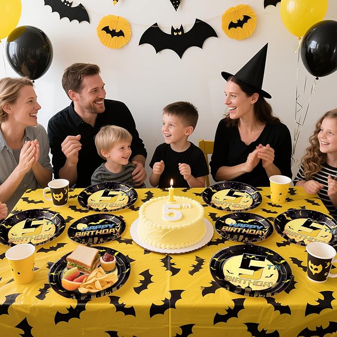96Pcs Bat 5th Birthday Decorations Cartoon Bat Hero Plates and Napkins Sets Bats Birthday Party Decorations for Boys Girls 5 Years Old Super Theme Hero Bats Party Supplies Serves 24