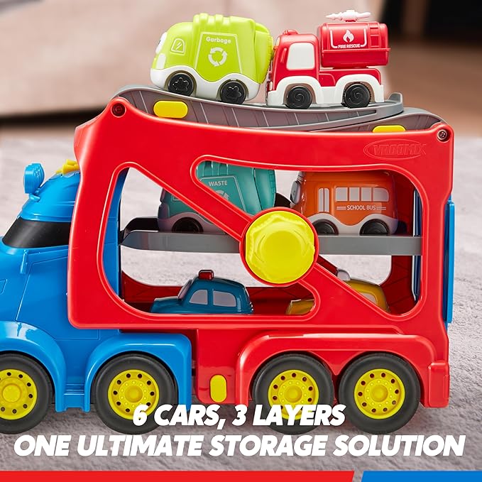 JOVA Extra Large Toy Trucks for Toddlers, 3-Layer City Trucks for Kids, 7-in-1 Big Transport Carrier Truck with Siren & Lights and 6 Toy Cars, Birthday Gifts for Boys