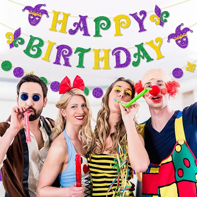 Zwiebeco Green Purple Gold Happy Birthday Banner Circle Dots Irises Bunting Garland Hanging Paper Party Decorations for Boys Girls Mens Womens Adults Mardi Gras Themed Bday Decor Accessories Supplies
