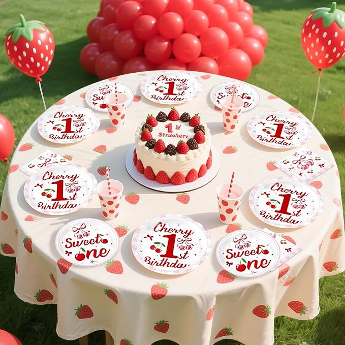 Grencian 96 Pcs Cherry Birthday Party Decorations Plates Set Cherry 1st Birthday Party Plates Fruit Themed Paper Tableware Set for One Year Old Baby Shower Fruit Themed Party Supplies