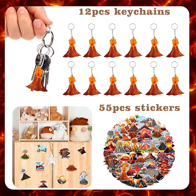 98PCS Hot Volcano Party Favors Hot Lava Theme Birthday Supplies Decorations Volcano Tattoos Volcano Slap Bracelets Volcano Keychains Volcano Stickers Hot Lava Button Pins