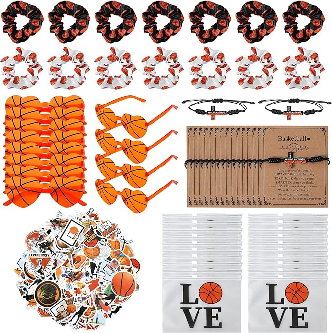 150 Pcs/20 Sets Basketball Senior Night Gifts for Girls - Basketball Team Gifts for Girls with Scrunchies Makeup Bags Sunglasses Bracelets Stickers Sport Party Favors Birthday Party Supplies
