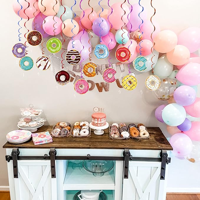 Sweet Donut Hanging Swirl Party Decorations 30 Pack Foil Ceiling Hanging Streams Party Supplies Banner Decor for Kids Donut Candy Birthday Celebrating Party Events Baby Shower Room Wall Decor
