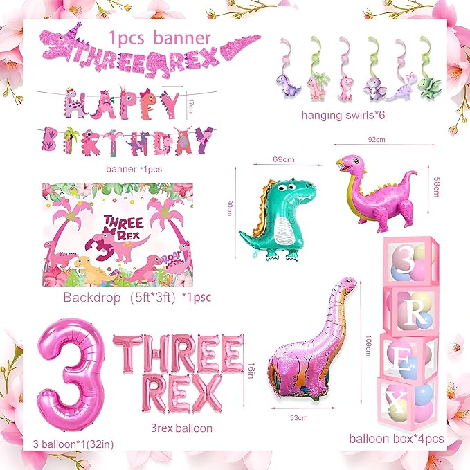 Three Rex Decorations Girl Pink Dinosaur Birthday Party Supplies Trex Dinosaur Tableware Set Crown Balloon Garland Balloon Boxes Glitte Highchair Banner Backdrop TableCloth Cake Topper