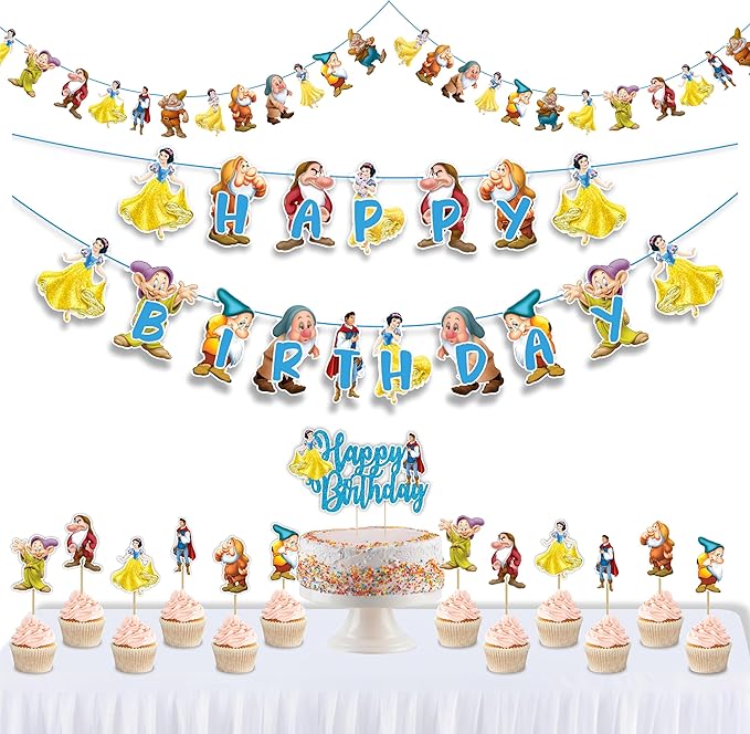 "Snow White and the Sevn Dwafs Theme Birthday Party Supplies – Princess Fairy Tale Decorations for Girls Birthday and Magical Celebrations – Includes Cake Toppers, Banners, Cupcake Picks & Garland"