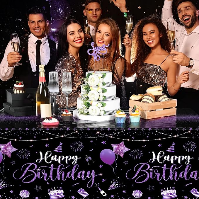 Tudomro 1 Pcs Happy Birthday Tablecloths Happy Birthday Party Decorations Plastic Table Cover Rectangular Cloths for Women Men Baby Shower Party Supplies, 108 x 54 Inch (Black Purple)