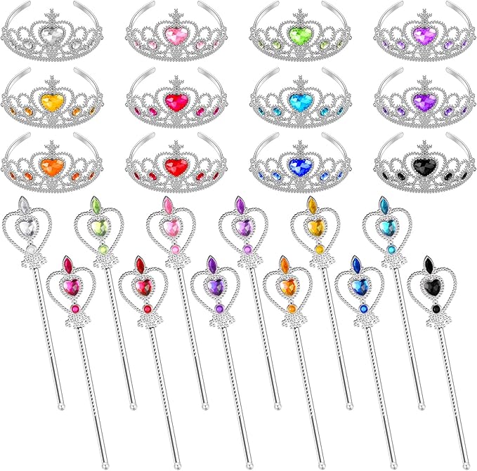Lewtemi Princess Dress-up Accessories: 24 Pieces Princess Crowns and Wands, Heart Adult Wand and Crown Plastic Queen Tiara and Wand, for Party Supplies, Girls over 12 years old