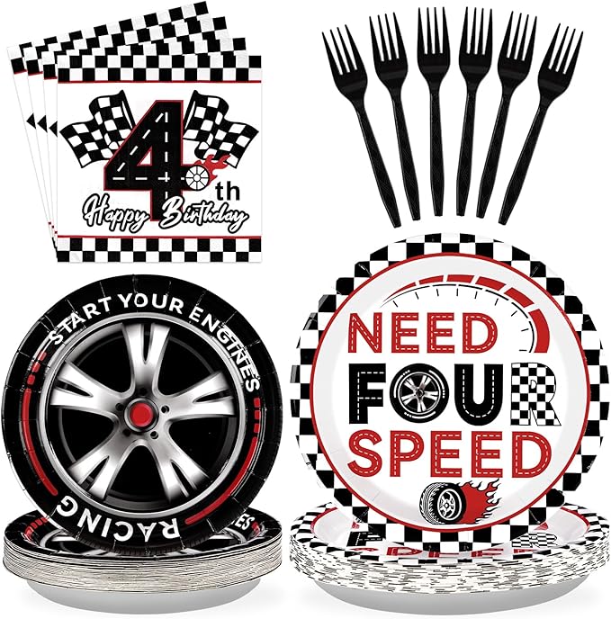 96 Pcs Need Four Speed Birthday Decorations Disposable Race Car Themed 4th Party Plates and Napkins Checkered Flag Tableware Set for Kids Boys Racing Car 4 Year Old Birthday Party Supplies Serves 24