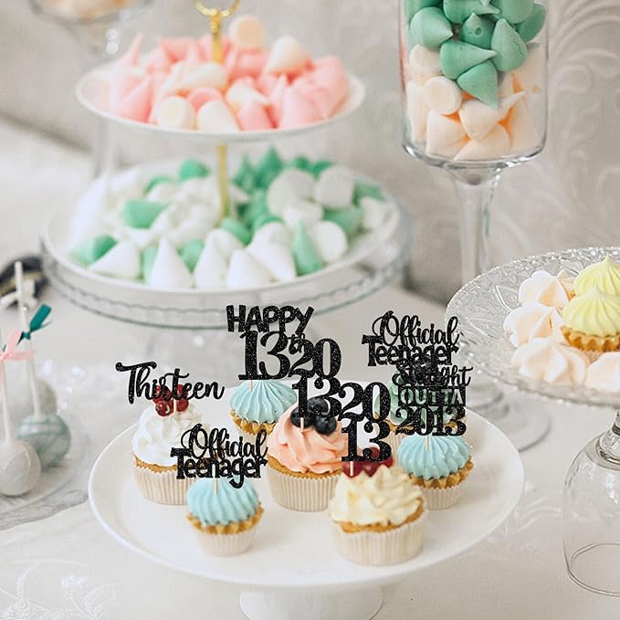 30PCS Black 13th Birthday Cupcake Toppers Glitter Thirteen Happy 13th Straight Outta 2012 Cupcake Picks for Cheers to 13 Years Birthday Anniversary Party Decorations Supplies