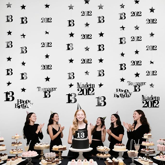 12PCS Black 13th Birthday Decorations Number 13 and 2012 Star Garland Streamer Banner Backdrop for Girls Boys Cheers to 13 Years Birthday Vintage Made in 2012 Official Teenager Party Decor Supplies