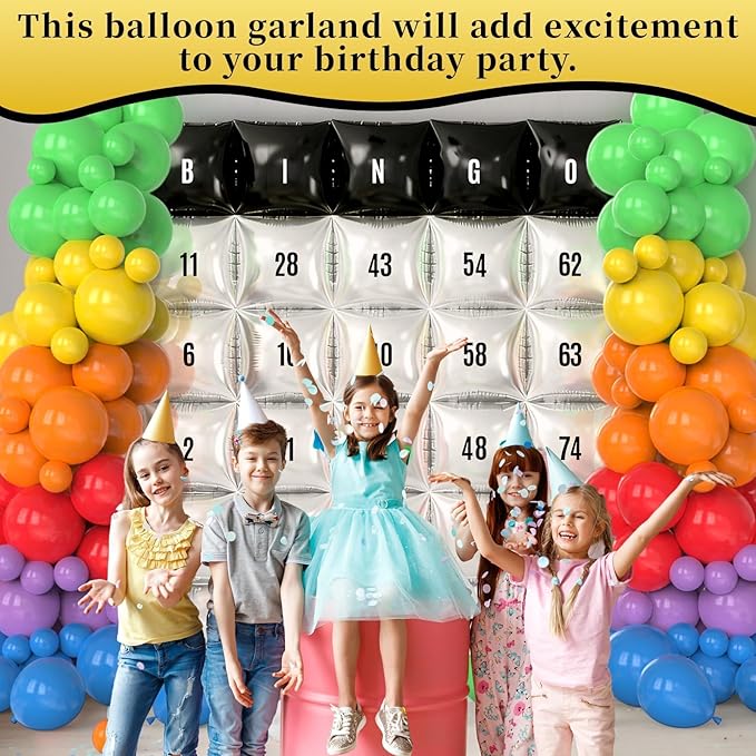 102Pcs Bingo Game Party Balloons Garland Arch Kit Black Gold and Silver Double Sided Square Foil Balloon Wall Backdrop with Colorful Latex Balloons & Letter Sticker for Bingo Party Birthday Decoration