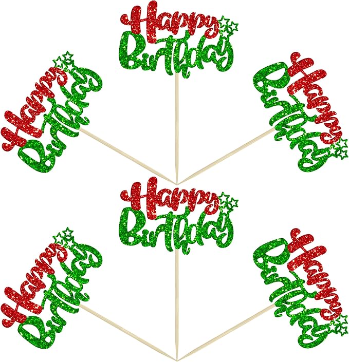 Ephlyn 24Pcs Happy Birthday Cupcake Toppers Double Layer Glitter Happy Birthday Cake Decorations for Christmas Theme Baby Shower Anniversary Party Decorations Supplies Red Green