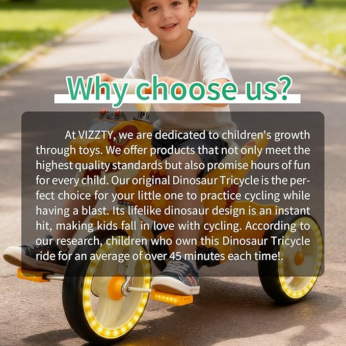 Dinosaur Kids Tricycle for Rider- Toddlers Kid Trike Bike Big Wheel with Music, Storage Basket,Light Wheel, Indoor/Outdoor Preschool Daycare Kids Bike,Best Gift for 3-7 Year Old Girls & Boys (Yellow)