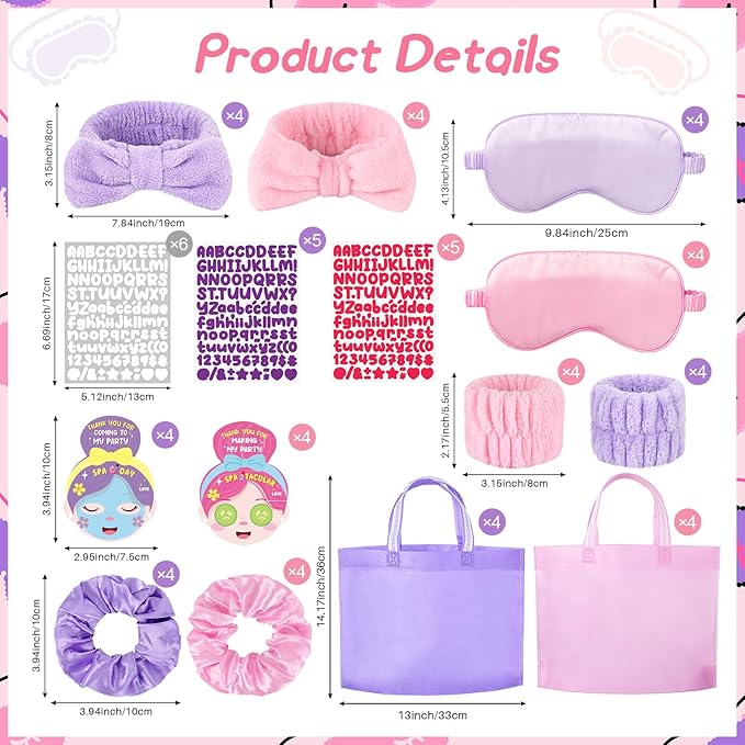 72 Pcs Girls Spa Sleepover Party Supplies With DIY Sticker And Greeting Card Pink Purple Headband Wristbands Eye Mask Hair Scrunchie Tote Bag Sleeping Slumber Party Favor