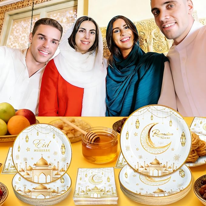 180pcs Ramadan Eid Mubarak Party Supplies,Eid Mubarak Plates and Napkins Set,for Ramadan Party Decorations, Serve 60 Guest