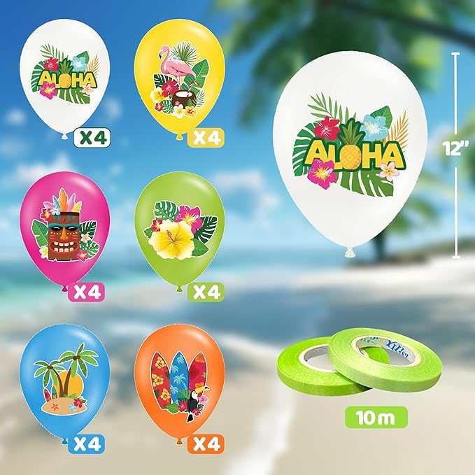 101PCS Hawaiian Themed Party Decorations Set, Tropical Beach Aloha Summer Party Supplies, Including Backdrop, Table Skirt, Honeycomb Centerpieces, Balloons for Luau, Tiki Birthday Party