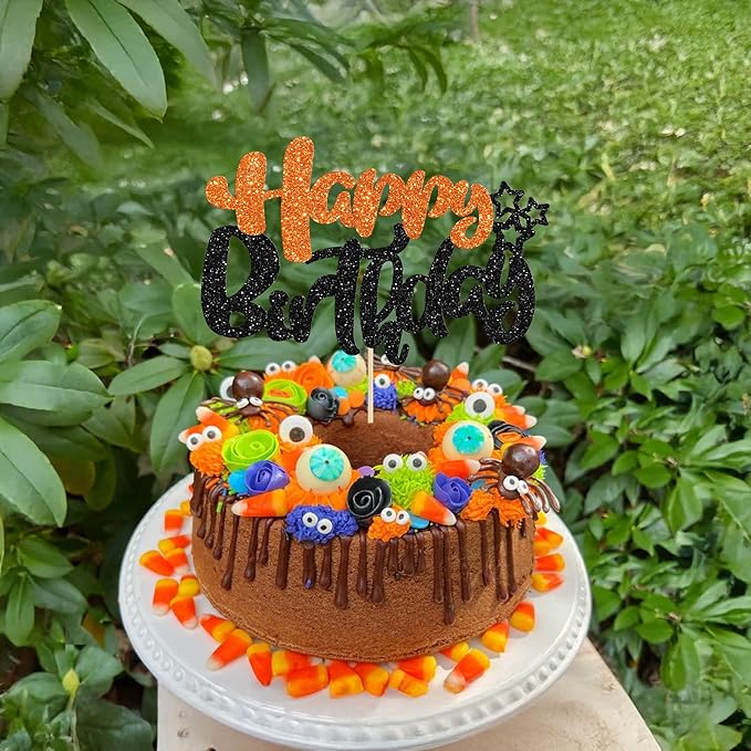 Ephlyn 1Pcs Happy Birthday Cake Topper Glitter Happy Birthday Cake Pick for Halloween Baby Shower Theme Anniversary Party Cake Decorations Supplies Black Orange