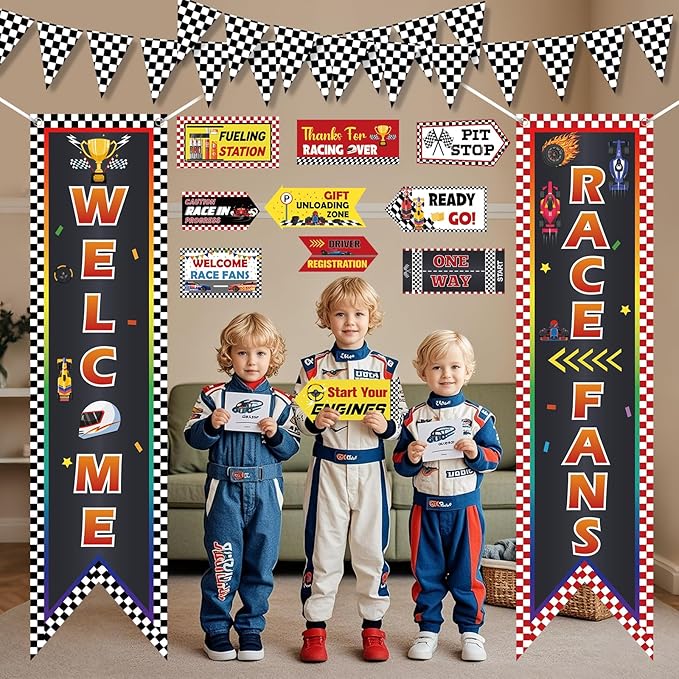 Race Car Birthday Party Decorations Race Car Hanging Banner Triangle Flag Welcome Race Fans Porch Yard Signs Decoration for Let's Go Racing Party Supplies Birthday Backdrop Photo Props Outdoor Decor