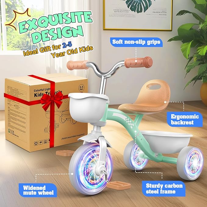 Toddler Tricycle for 1-3 3-5 Year Olds, 2 3 4 5 Year Old Girl Boy Birthday Gifts, Toddler Baby Bike, 4-Level Adjustable Seat, 3 Color Light Wheels, 2 Baskets, Outdoor Riding Toys for Ages 2-4