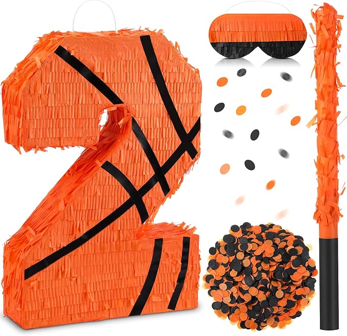 Soulchen Basketball Number 2 3 4 8 Pinata Basketball Party Decorations 16 Inch Piñata with Blindfold Stick and Confetti for Birthday Sports Theme Party Supplies Centerpiece (Number 2)